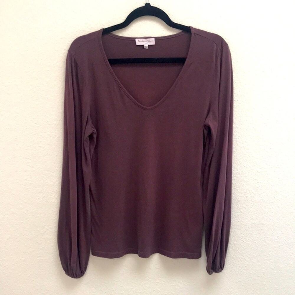 Michael Stars Long Sleeve V-Neck Tee Shirt with Balloon Sleeves Wine Size Small